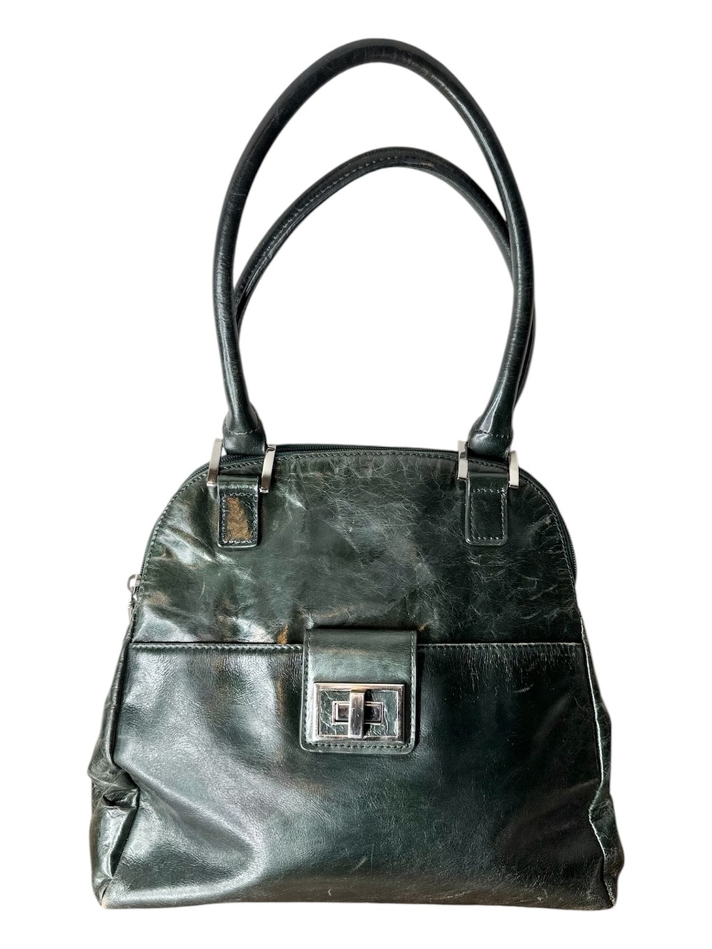 DANIER Vintage Dark Emerald Green Leather TurnLock Hobo Shoulder Bag *FLAW*